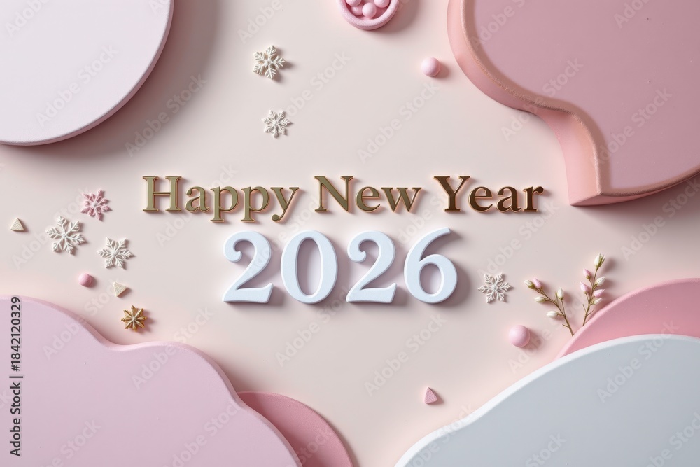 Naklejka premium A simple, contemporary scene, characterized by soft pastel tones, flowing shadows, and understated decorative patterns, with the message 