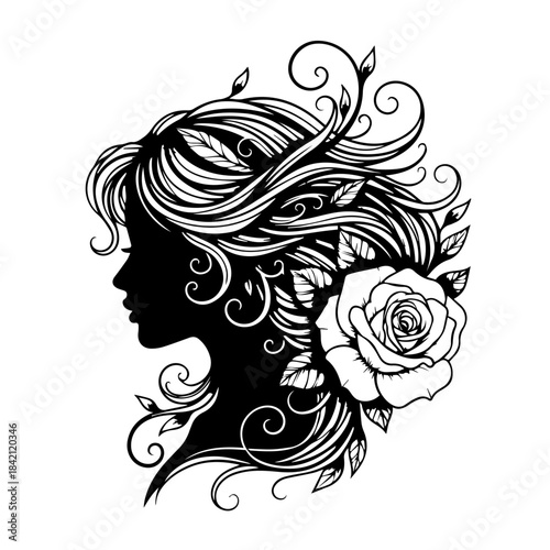 Woman's silhouette with flowing hair and rose illustration