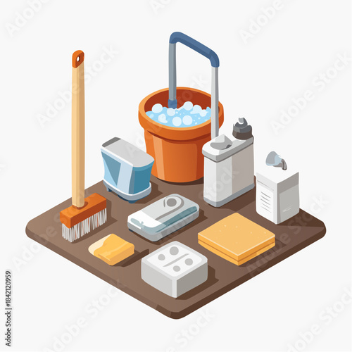 Isometric vector illustration of essential household cleaning supplies, including a broom, bucket, sponges, and dispensers, for daily chores and home hygiene