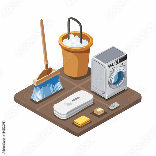Isometric collection of household cleaning tools and laundry appliances essential for maintaining a tidy home and managing daily chores with ease. A detailed graphic representing domestic upkeep