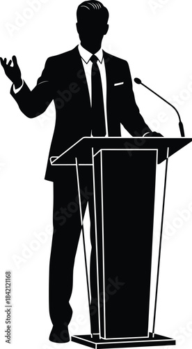 Silhouette Businessman Speaking at Podium Giving Presentation
