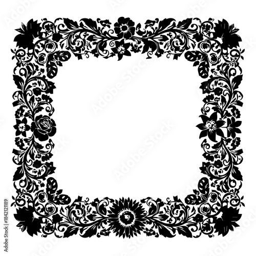 An ornate black floral frame surrounds an empty space on a plain background from a direct viewpoint