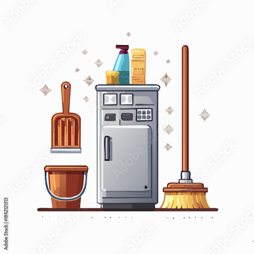Household cleaning supplies including a broom, dustpan, bucket, and cleaning products for a spotless home