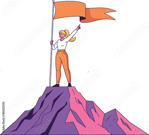 Victory atop the Summit: A determined figure stands triumphantly on a mountain peak, planting a flag to symbolize achieving the summit and conquering challenges.
