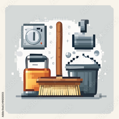 A retro pixel art collection of cleaning supplies including a broom, vacuum cleaner, and dustpan, set against a minimalist background
