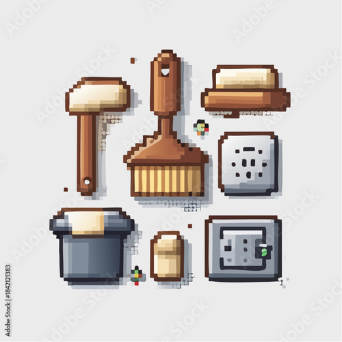 Collection of pixel art icons representing cleaning tools and supplies, perfect for digital use