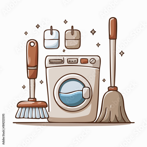 Domestic cleaning supplies and a washing machine for laundry and household chores