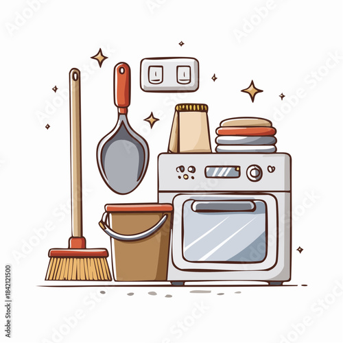 Home cleaning supplies and appliances for a spotless house, laundry machine and broom for domestic chores