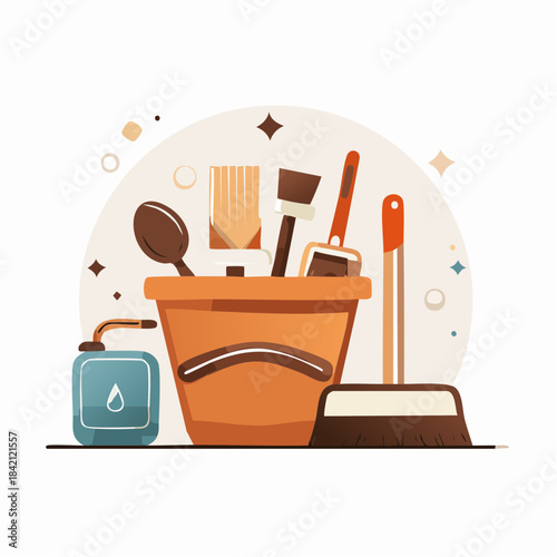 A colorful illustration showcasing essential household cleaning tools and supplies, perfect for maintaining a sparkling and organized home environment with ease