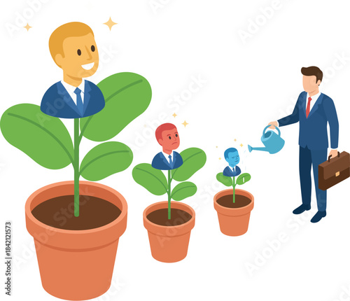 Growth Cultivation: An illustration captures the essence of nurturing business growth, with a figure tending to sprouts blossoming into successful individuals.