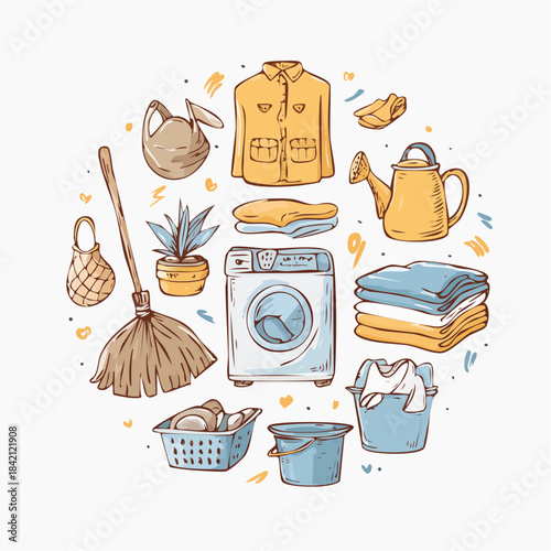 A vibrant collection of household essentials for cleaning and laundry tasks, depicting a home care routine with various tools and supplies in a hand-drawn style