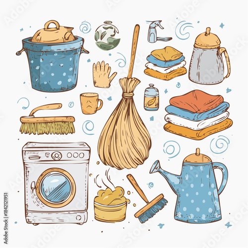 Vibrant hand-drawn illustrations of essential cleaning supplies and laundry items for a fresh and organized home, capturing the essence of daily domestic life