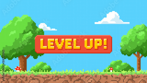 Cartoon pixelated 8 bit arcade video game, button level up achievement, vector summer day retro game nature background