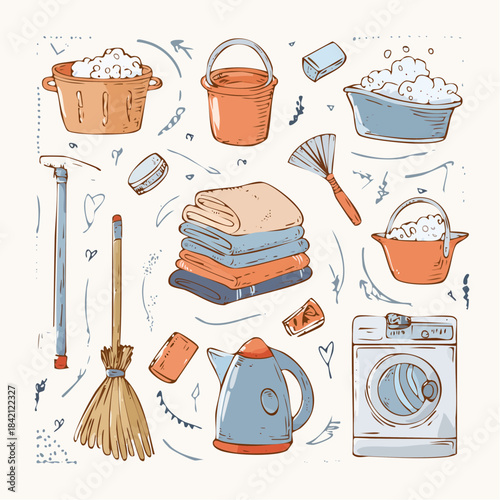 Charming Hand-Drawn Doodle Collection of Everyday Household Cleaning Supplies and Domestic Items for Home Maintenance, Laundry, and Daily Chores