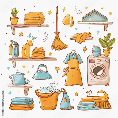 Vibrant Collection of Household Cleaning Tools and Laundry Essentials - A Whimsical Illustration Set for Domestic Chores and Home Tidiness