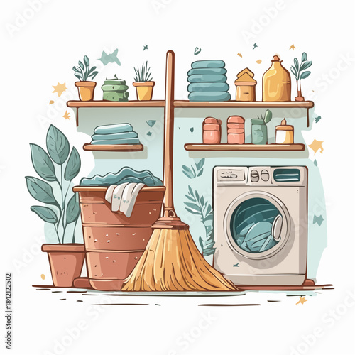 Organized laundry and cleaning nook illustration. Washing machine, broom, basket, and shelved towels symbolize domestic chores and home cleanliness