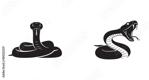 Aggressive black snake icons set. Coiled cobra and striking viper vector.