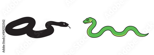 Two Cartoon Snakes Illustration: Black Silhouette and Green Reptile Drawing