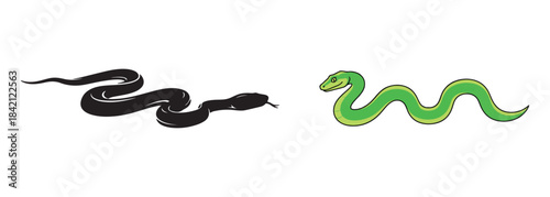 Two Snake Vector Designs: Black Silhouette Icon and Green Cartoon Illustration