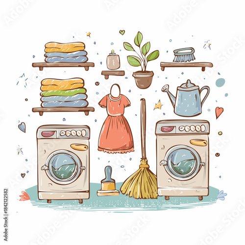 Charming hand-drawn illustration depicting a delightful collection of laundry day essentials and home cleaning tools, perfect for domestic life concepts