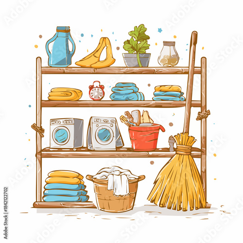 A colorful vector illustration showcasing a neatly organized wooden shelf unit filled with essential laundry and cleaning supplies for a well-maintained home