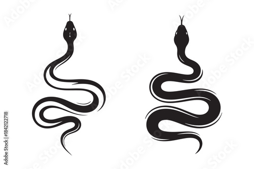 Black Snake Silhouette Logo Set Isolated on White Background.