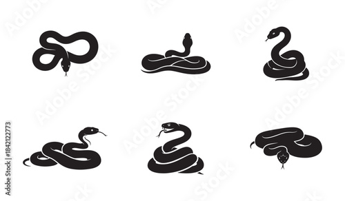 Set of Six Black Snake Silhouettes. Coiled and Striking Reptile Icons.