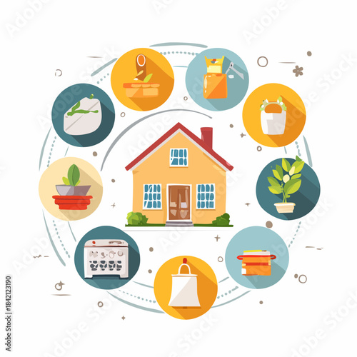 Vibrant illustration showcasing a family home at the heart of essential household chores and daily life activities, representing efficient domestic management and a balanced home lifestyle