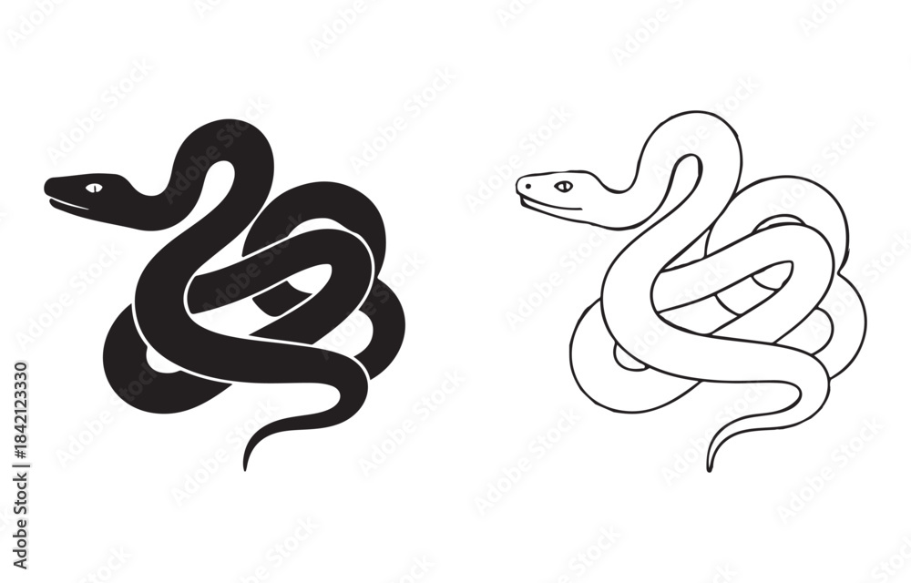 Naklejka premium Coiled Snake Silhouette and Outline Drawing Set Vector Illustration