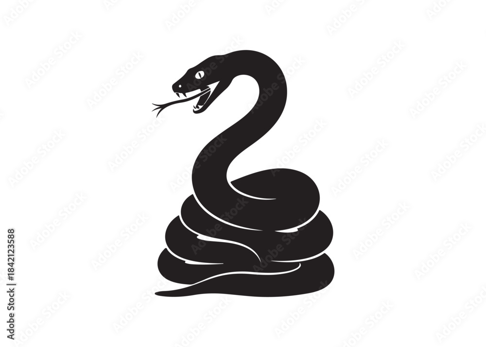 Fototapeta premium Black Silhouette of Coiled Venomous Snake with Open Mouth and Fangs