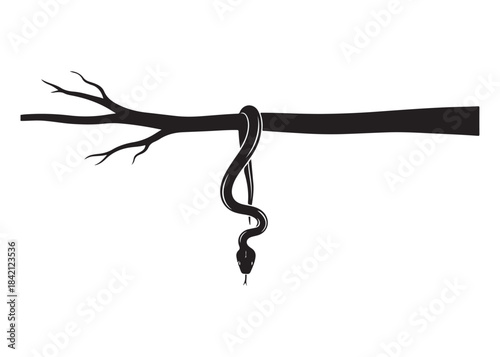 Minimalistic black snake silhouette hanging from tree limb