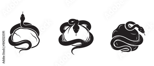 Stylized Black Snake Logos Set: Coiled Serpent Icons Design