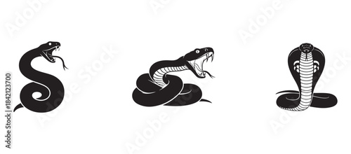 Three Black Snake Silhouettes: Coiled Viper, Rearing Snake, and King Cobra Icon Set