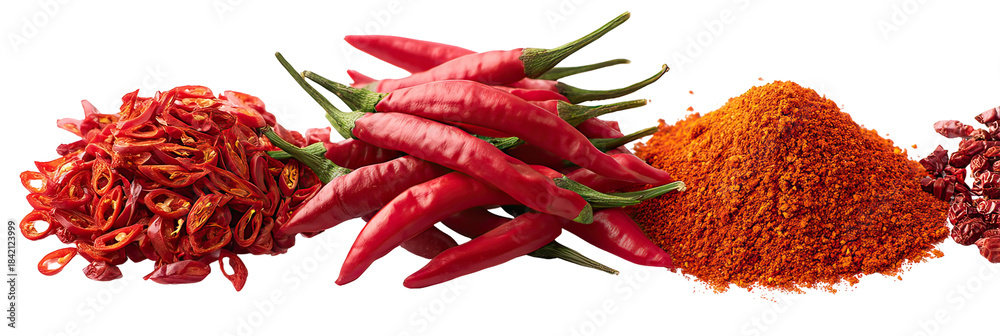 Fototapeta premium Premium arrangement of whole red chilies and sliced ring chilies on transparent background