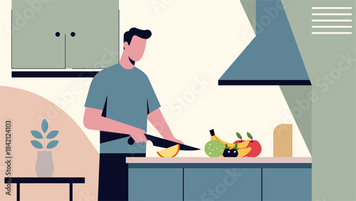 Pastel Flat Design Man Cutting Fresh Fruit in a Minimalist Kitchen