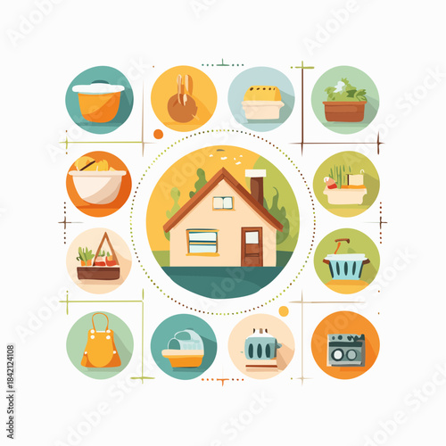 A delightful flat illustration showcasing the heart of home life, with a cozy house central to various daily activities like cooking, gardening, and household chores