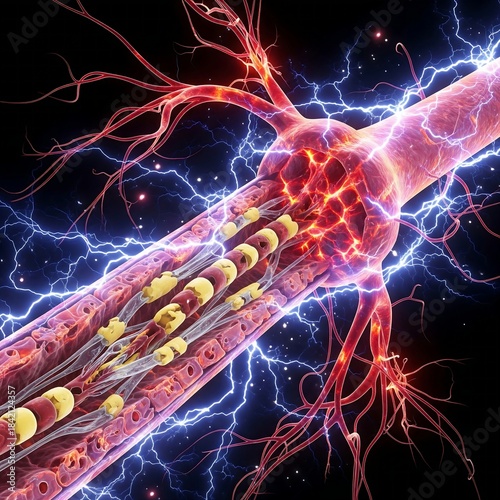 human nerve with autoimmune destruction of its protective myelin sheath, symbolizing Guillain-Barré Syndrome.