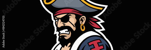 Intense Pirate Mascot Staring with Menacing Expression on Black Background, Sports Team Emblem Design for Advertising, Bold Cartoon Illustration for Branding or Product Presentation, Vector Graphic fo