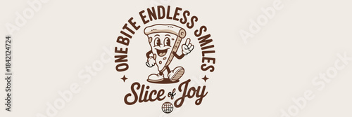 Whimsical Pizza Slice Character Promotes Joy with a Retro Cartoon Illustration for Restaurant Marketing, Offering One Bite Endless Smiles Worldwide, Ideal for Food Industry Advertising, Cheerful Masco