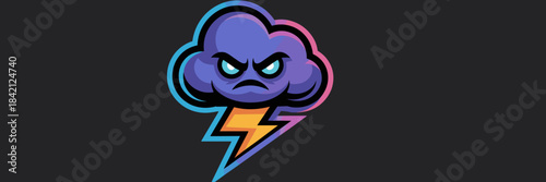 Furious Storm Cloud Mascot Displaying Thunderbolt Power for Energy Solutions & Meteorology Visuals, Animated Graphic for Gaming, Modern Weather Icon, Esports Logo Design, Cartoon Illustration for Bad