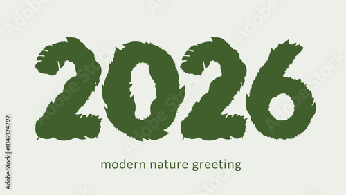 Modern nature greeting card with green 2026 text on light background