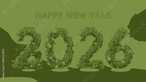 Happy new year 2026 green abstract floral typography design with dragon elements