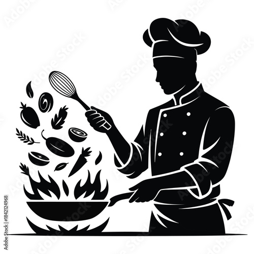 Chef cooking in kitchen silhouette, tossing vegetables in a pan over a flame with cooking utensils, representing culinary arts and professional cooking