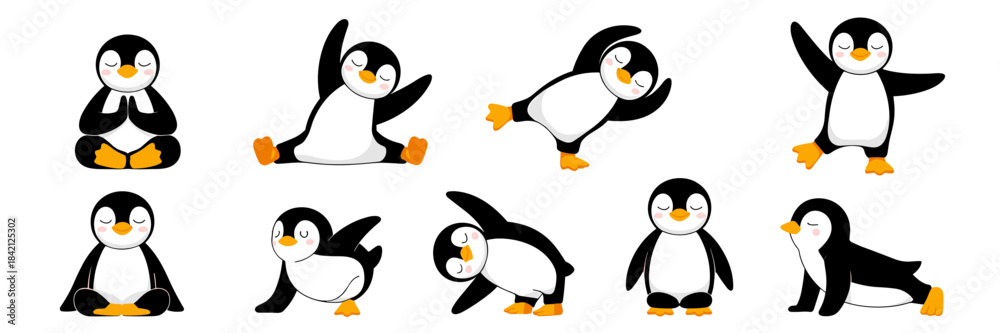 Obraz premium Cute Penguins Doing Yoga Poses on White Backdrop: Mindfulness, Wellness, and Flexibility Concepts for Health, Education, and Children's Content. Cartoon Illustrations of Asanas and Meditation for a Re