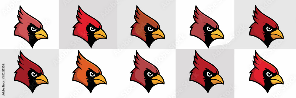 Fototapeta premium Bold Cardinal Mascot Displayed in Various Red and Brown Tones on Clean Backgrounds, Emblematic of Sports Team Spirit, Ideal for Branding, Graphic Design, And Modern Logo Applications (Illustration, Ic