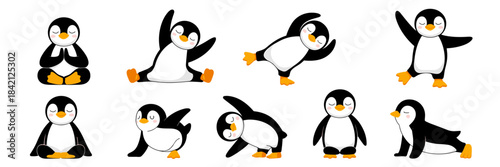 Cute Penguins Doing Yoga Poses on White Backdrop: Mindfulness, Wellness, and Flexibility Concepts for Health, Education, and Children's Content. Cartoon Illustrations of Asanas and Meditation for a Re