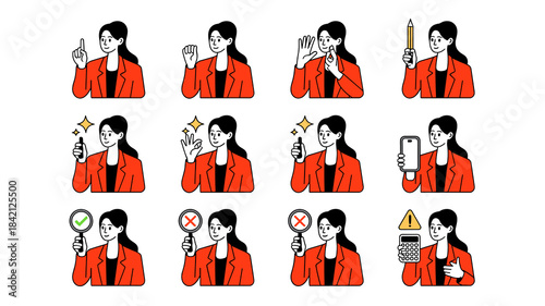 Confident Businesswoman Expressing Ideas & Solutions in Office Setting: Diverse Gestures, Icons & Symbols for Presentation, Marketing & Training Materials (Flat Vector Illustration Style) Providing Op