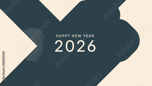 Happy new year 2026 greeting card with a dark blue silhouette on beige background