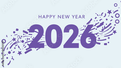 Happy new year 2026 celebration with purple confetti and stars on light blue background