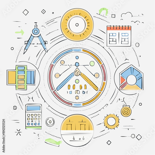 Concept of design, architecture and planning with icons of tools, building, calendar and calculator